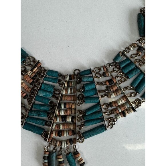 Vintage Tribal Howlite & Heishi Bead Fan Necklace With Patina Brass Chain 16" - Picture 10 of 11